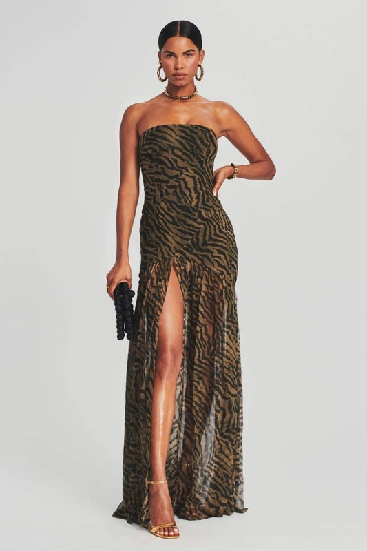 Strapless Zebra Print Sheer High Slit Maxi Dress