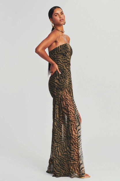 Strapless Zebra Print Sheer High Slit Maxi Dress