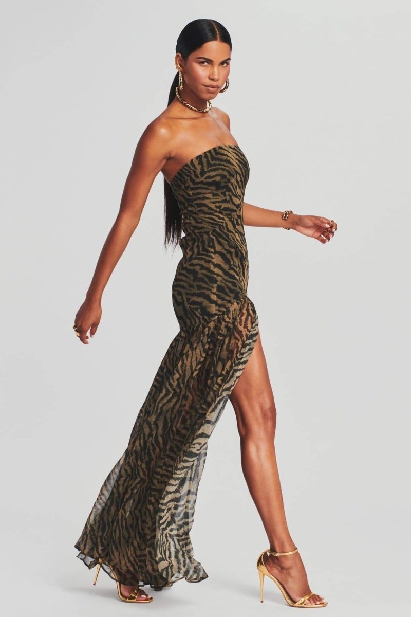 Strapless Zebra Print Sheer High Slit Maxi Dress