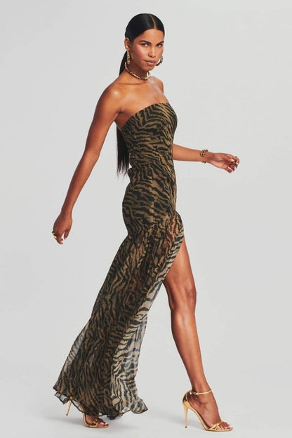 Strapless Zebra Print Sheer High Slit Maxi Dress