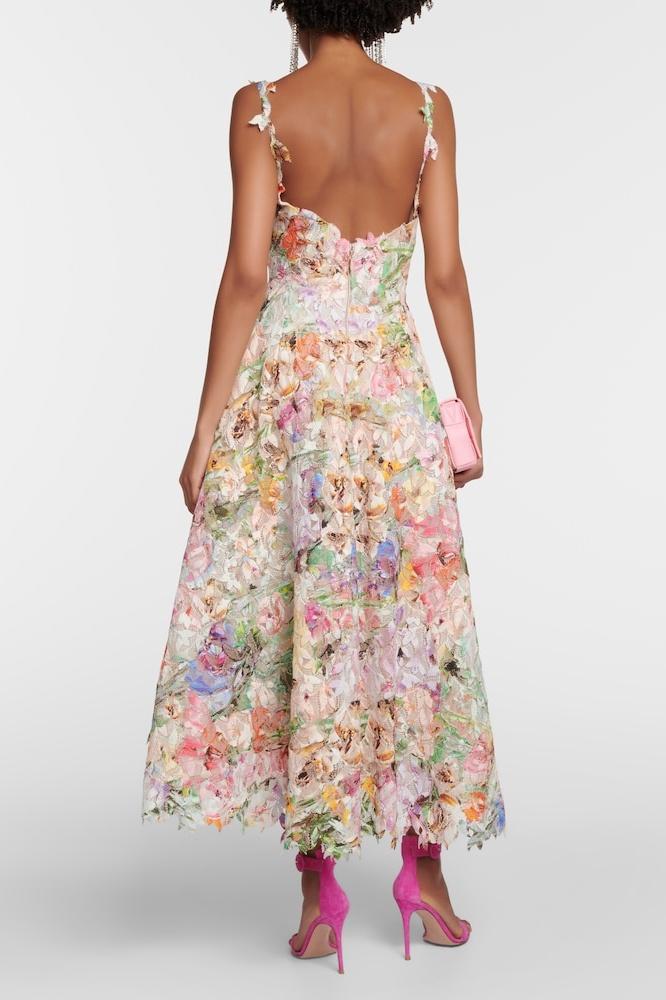 Floral 3D Lace Applique Sweetheart Neckline Frayed Hem A-Line Midi Dress