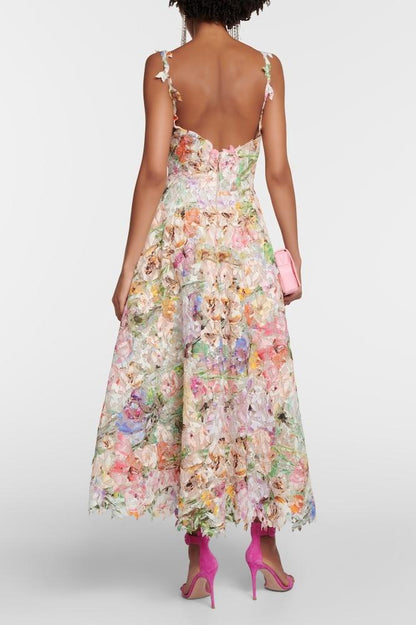Floral 3D Lace Applique Sweetheart Neckline Frayed Hem A-Line Midi Dress