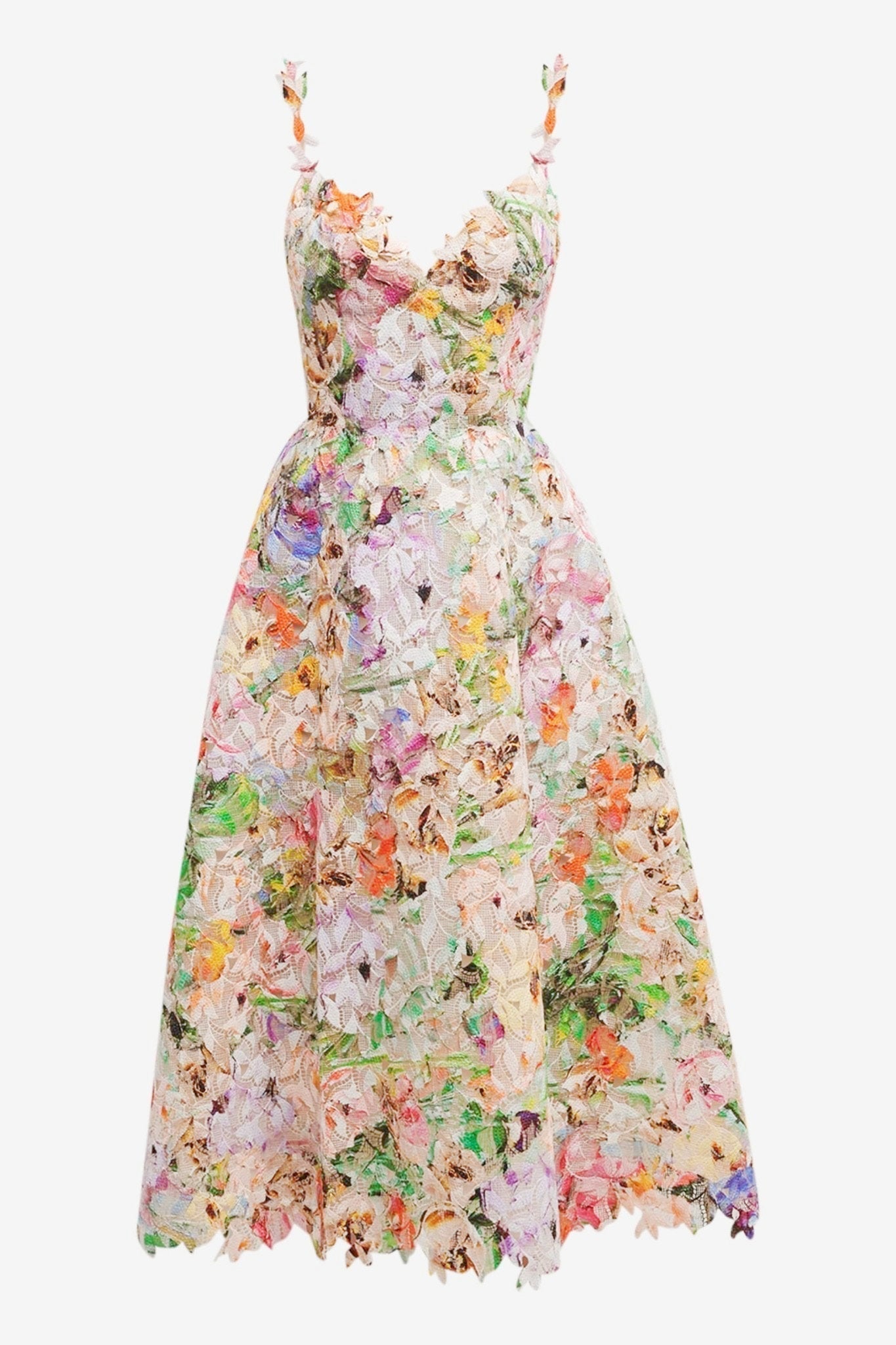 Floral 3D Lace Applique Sweetheart Neckline Frayed Hem A-Line Midi Dress