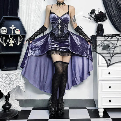 Violet Velvet Suspenders Sleek Mid-Length Dress