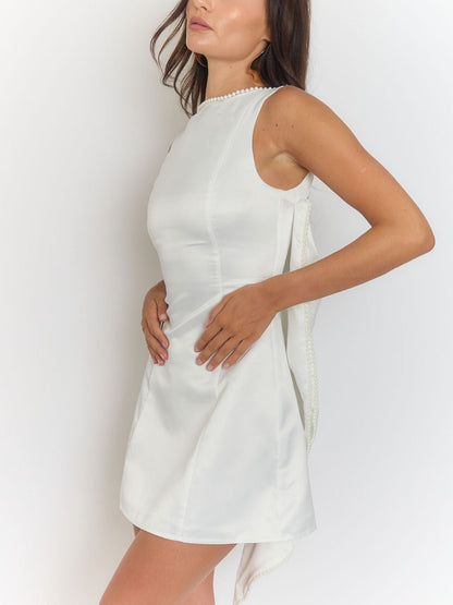Pearl Trim Scoop Back Bow Streamer Satin Mini Dress