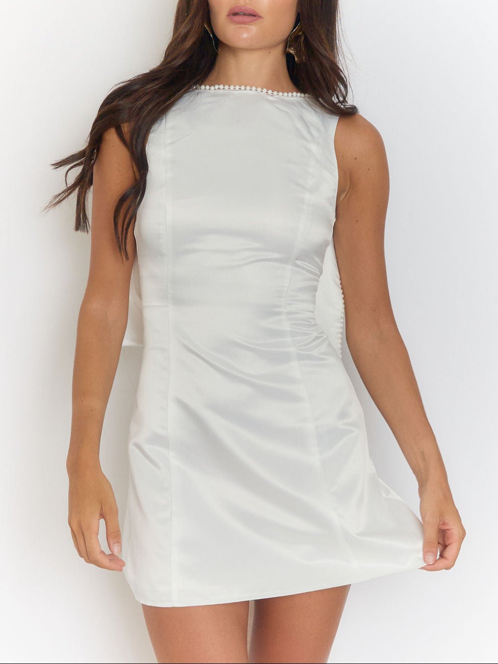 Pearl Trim Scoop Back Bow Streamer Satin Mini Dress