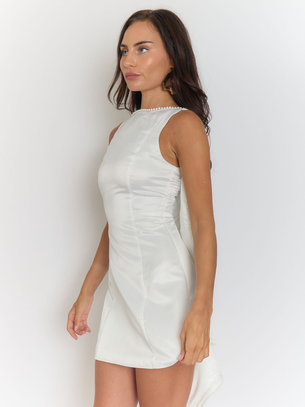 Pearl Trim Scoop Back Bow Streamer Satin Mini Dress