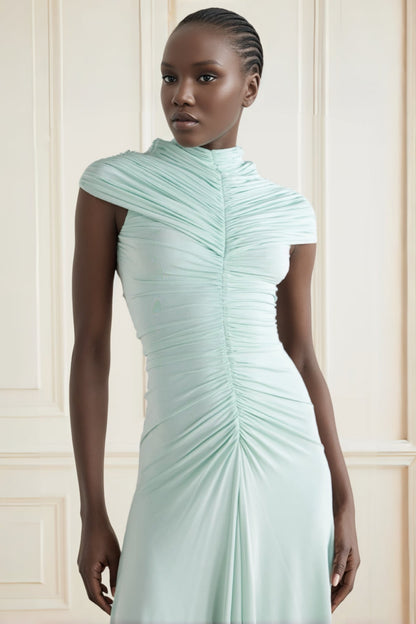 Gini Fitted Half-High Neck Pleated Maxi Dress