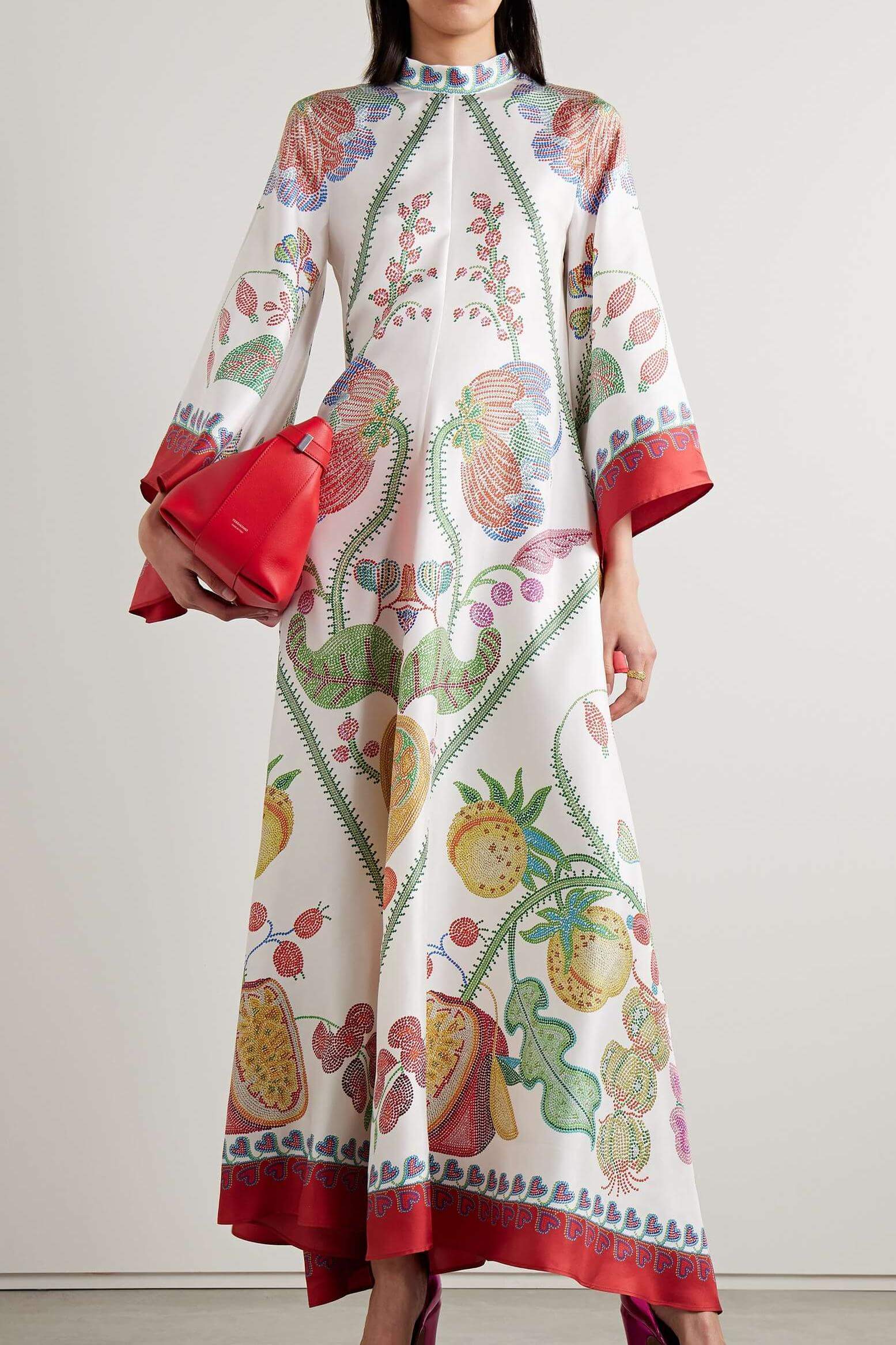 Botanical Print Tie Neck Bell Sleeve Border Trim Maxi Dress