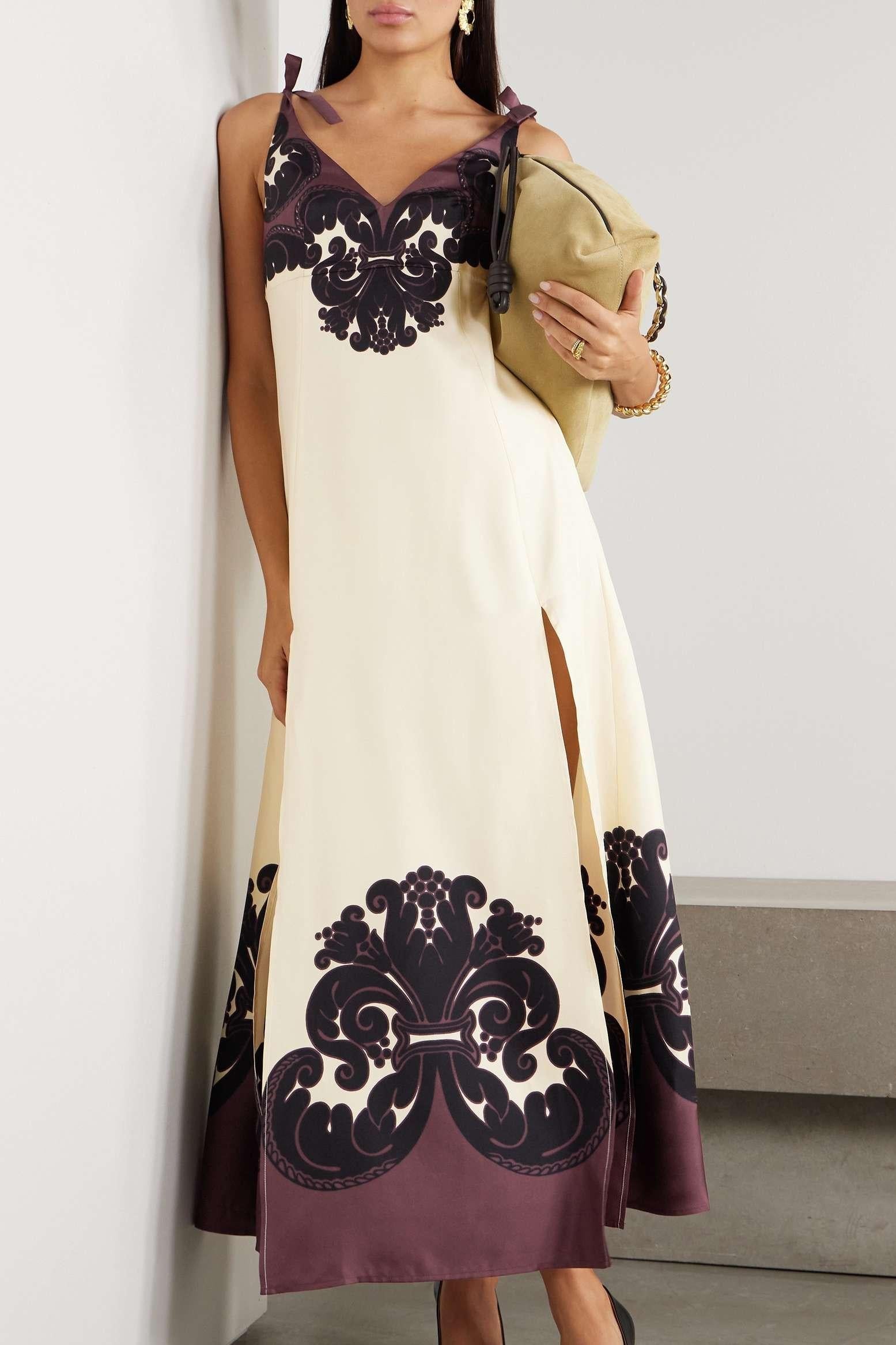 Tie Shoulder Damask Print Side Slit Maxi Dress