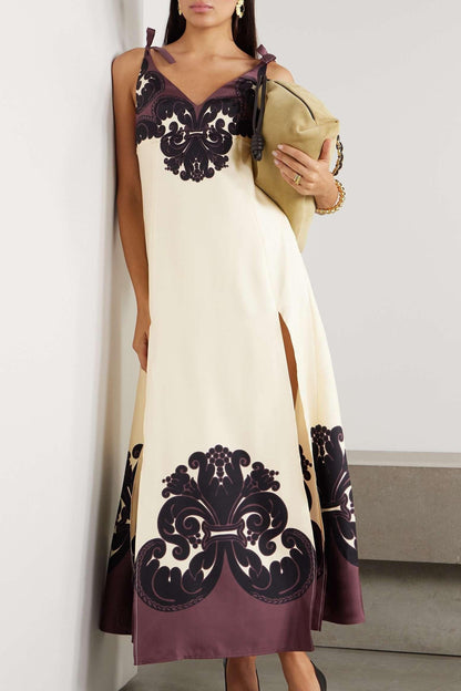 Tie Shoulder Damask Print Side Slit Maxi Dress