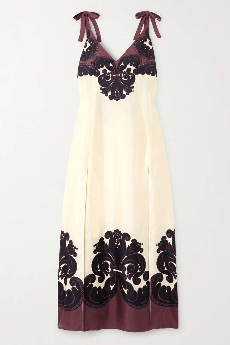 Baroque Scroll Print Tie Strap V-Neck High Slit Satin Midi Dress