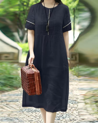 Linen Look Pintuck Embroidered Trim Round Neck Empire Midi Dress