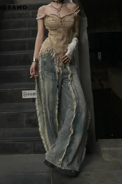 Washed Baggy Vintage Tassel Jeans