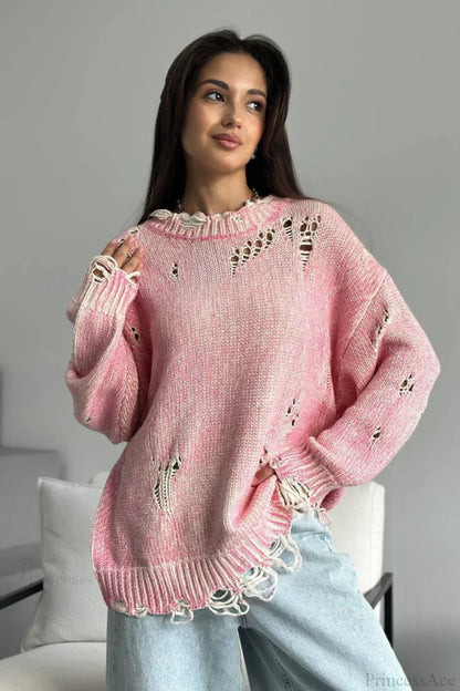 Washed Crew Neck Distressed Mid-Length Sweater