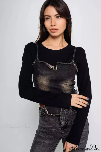 Washed Denim Cami Layered Slim Long Sleeve Tee