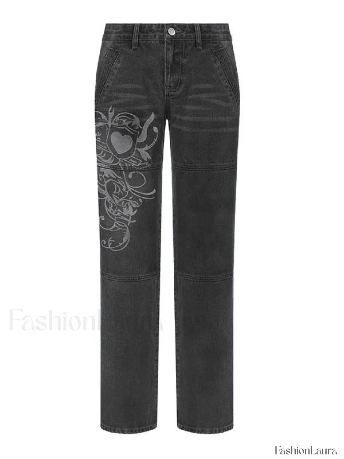 Washed Heart Pattern Cargo Jeans