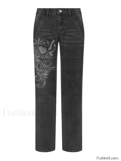 Washed Heart Pattern Cargo Jeans