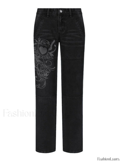 Washed Heart Pattern Cargo Jeans