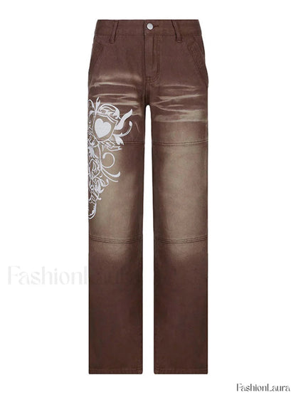 Washed Heart Pattern Cargo Jeans
