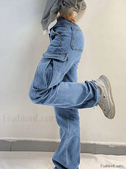 Washed Mid Waist Pocket Cargo Jeans