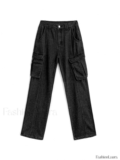 Washed Mid Waist Pocket Cargo Jeans