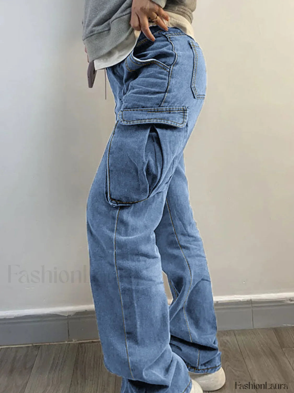 Washed Mid Waist Pocket Cargo Jeans