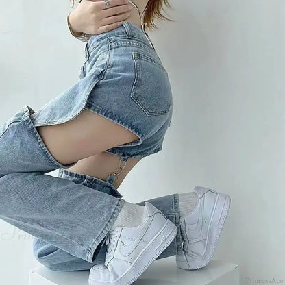 Washed Zipper Fake Ripped Denim Pants