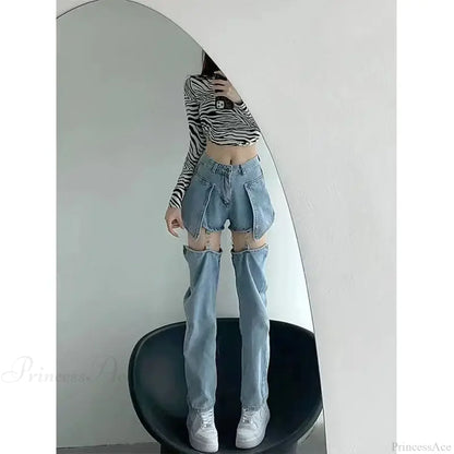 Washed Zipper Fake Ripped Denim Pants