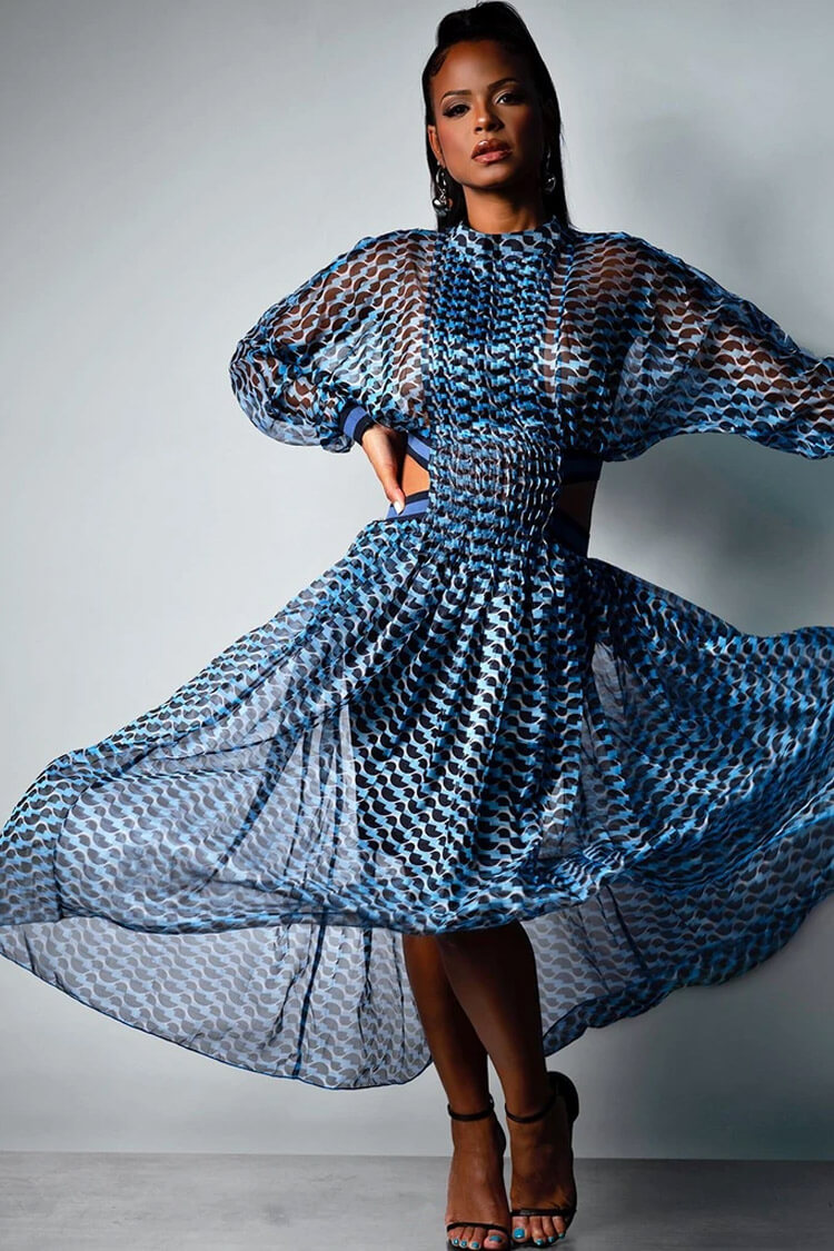 Sheer Geometric Print Mock Neck Puff Sleeve Cut Out Waist High-Low Maxi Dress