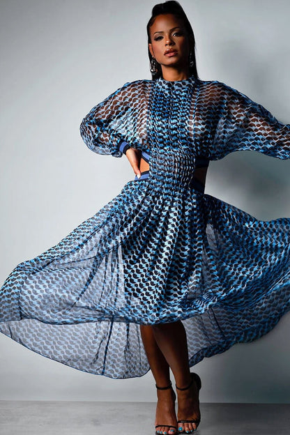 Sheer Geometric Print Mock Neck Puff Sleeve Cut Out Waist High-Low Maxi Dress