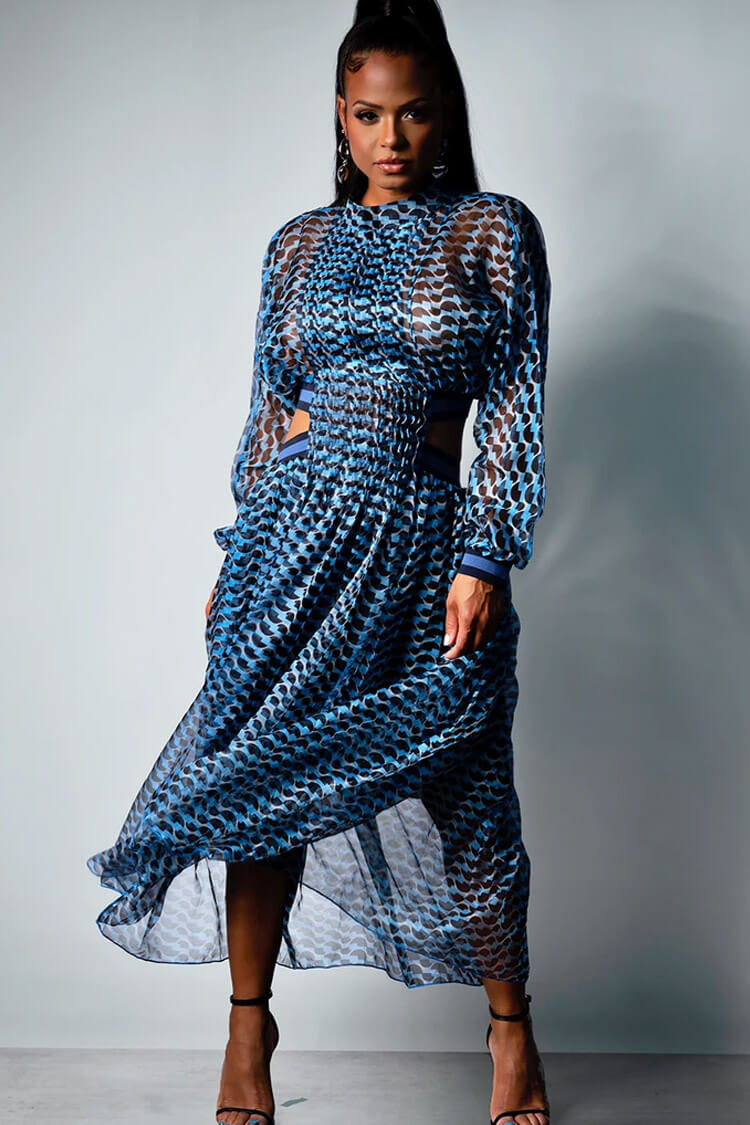 Sheer Geometric Print Mock Neck Puff Sleeve Cut Out Waist High-Low Maxi Dress