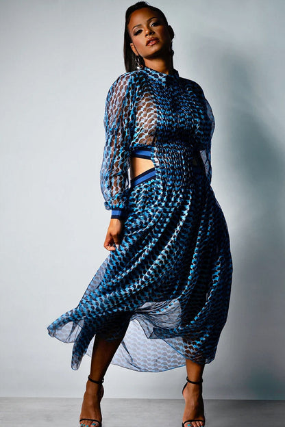 Sheer Geometric Print Mock Neck Puff Sleeve Cut Out Waist High-Low Maxi Dress