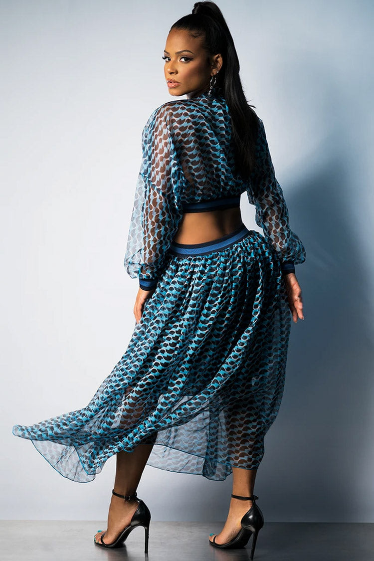 Sheer Geometric Print Mock Neck Puff Sleeve Cut Out Waist High-Low Maxi Dress