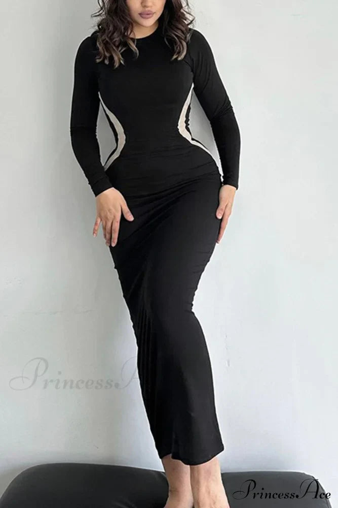 Wavy Slim Fit Midi Dress with Contrast
