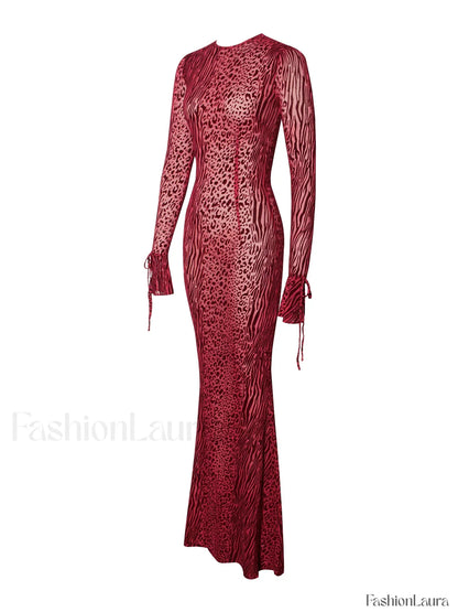 Waylynn Burgundy Burnout Velvet Graceful Detail Mesh Backless Maxi Dress
