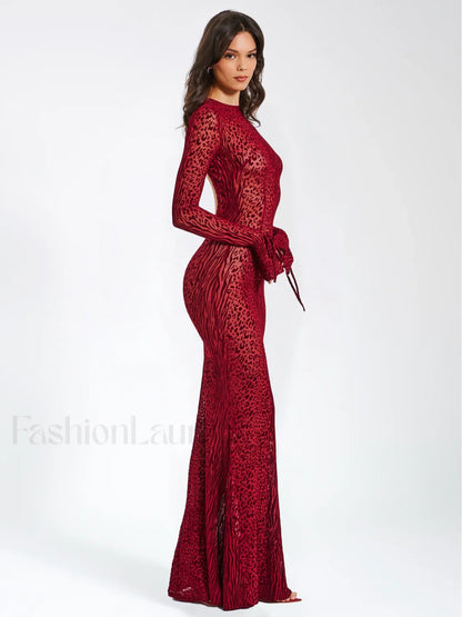 Waylynn Burgundy Burnout Velvet Graceful Detail Mesh Backless Maxi Dress