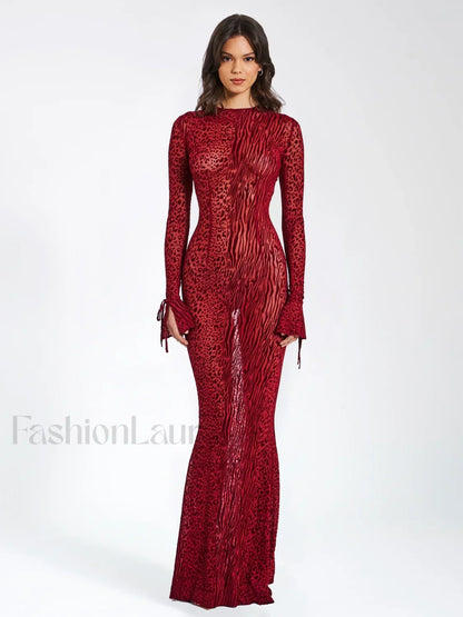 Waylynn Burgundy Burnout Velvet Graceful Detail Mesh Backless Maxi Dress