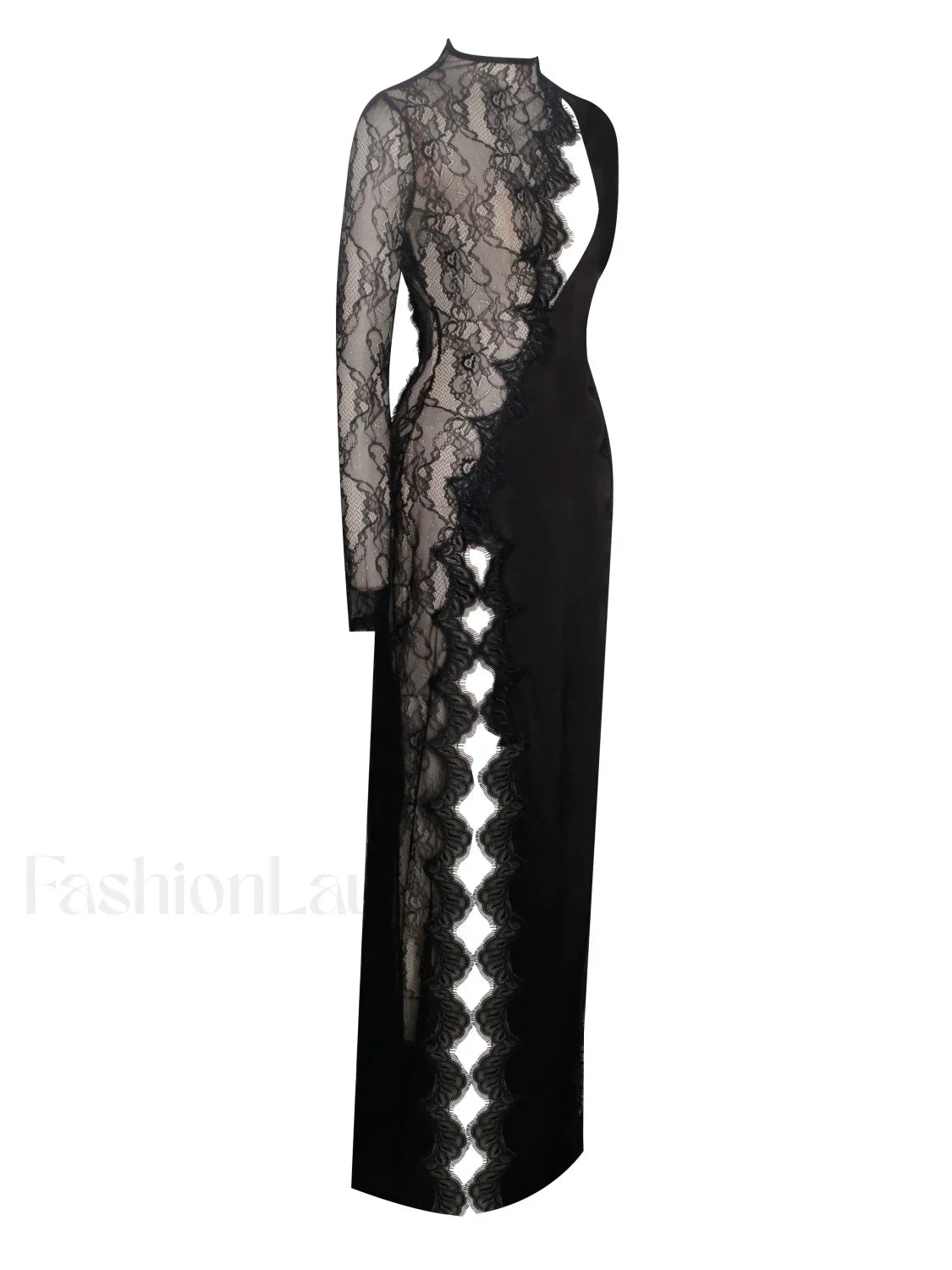 Weslyn Black Satin Charming Lace High Slit Dress