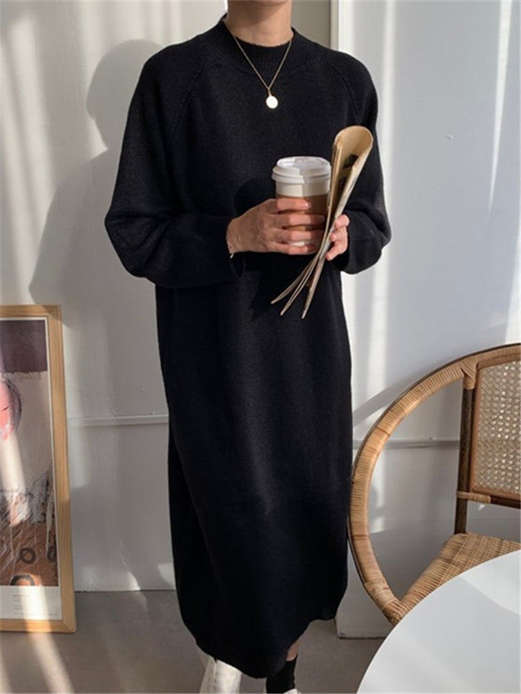 Crew Neck Raglan Sleeve Rib Knit Side Slit Midi Sweater Dress