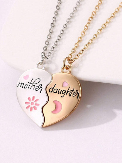 Mother Daughter Magnetic Heart Necklace Set - White Alloy