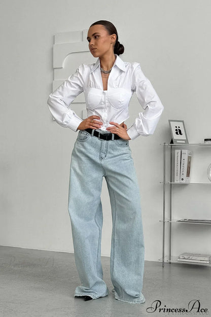 White Cotton Collared Puff Sleeve Blouse