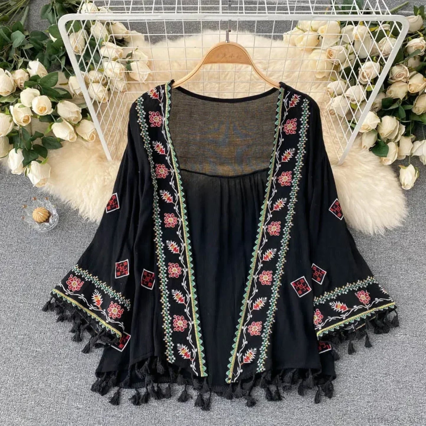 White Cotton Rayon Floral Embroidery Beach Cover up