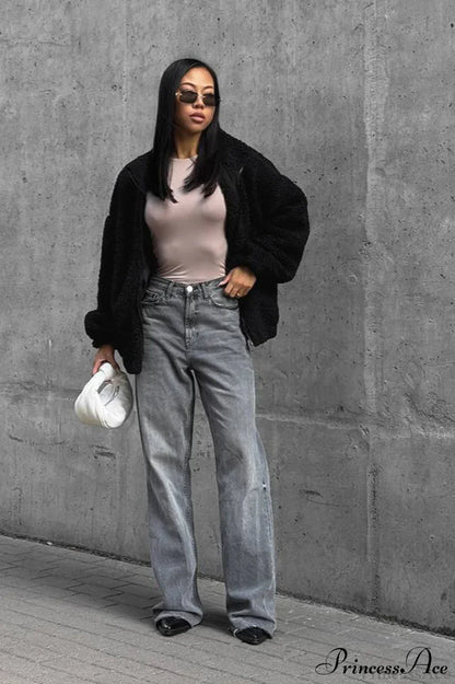 White Fleece Collared Warm Commute Coat