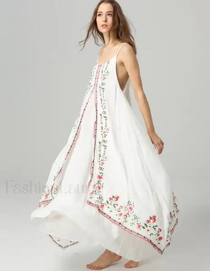 White Floral Embroidered Boho Dress