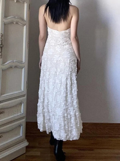 White Floral Lace Halter Maxi Dress