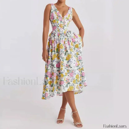 White Floral V-Neck Midi Dress