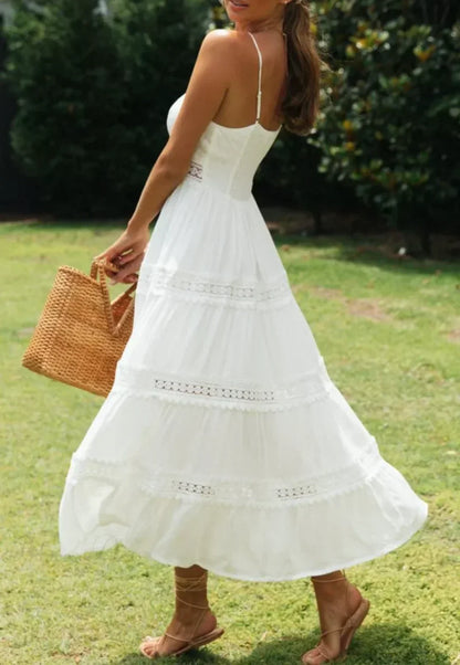 White Hollow Out Strapless Split Sleeveless Maxi Boho Dress