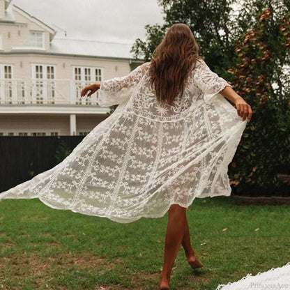 White Lace Cardigan Boho Bikini Cover Up See-through
