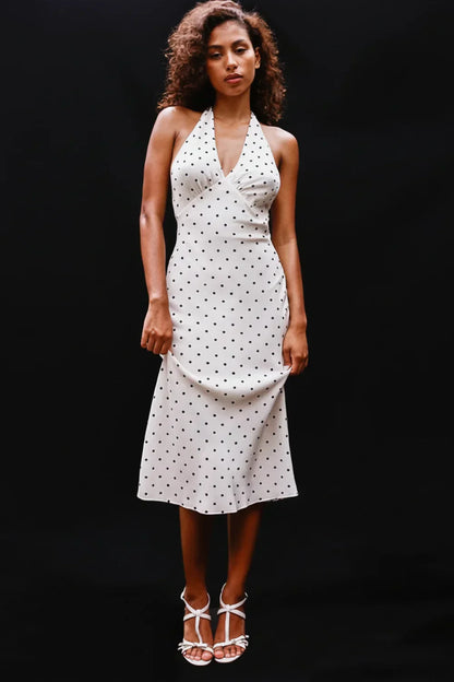 | White Polka Dot Halter V-Neck Maxi Dress